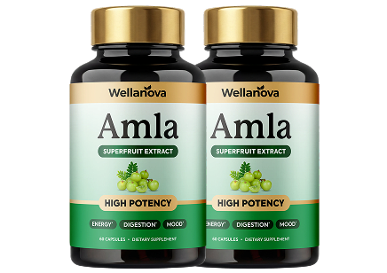 Two bottles of Wellanova Amla Superfruit Extract dietary supplement against a plain white background.
