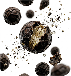 A macro shot of a black peppercorn cracking open, with fragments flying off against a white background.