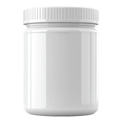 A blank, white, glossy plastic jar with a ribbed, screw-on lid against a white background.