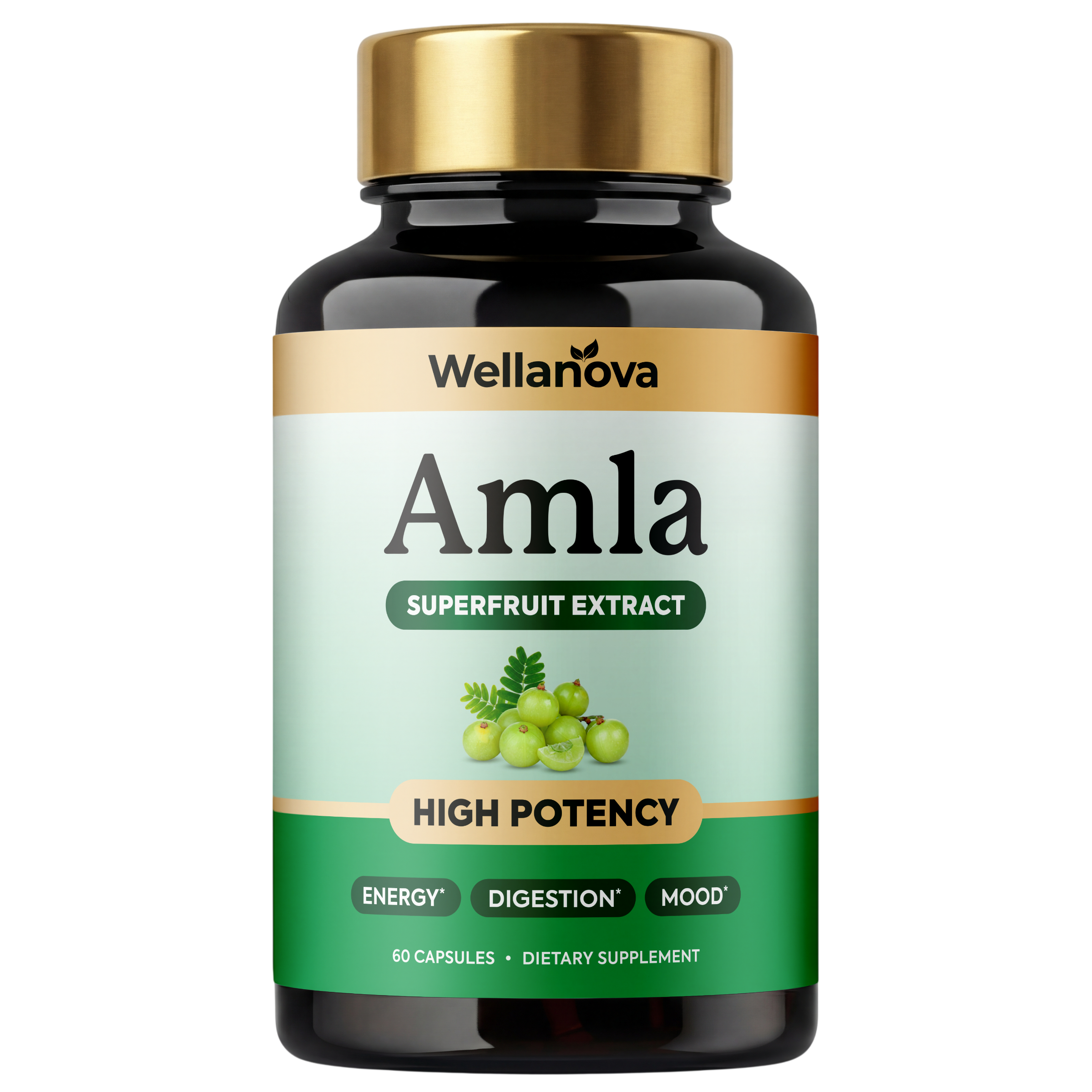 A bottle of Wellanova brand Amla Superfruit Extract dietary supplement, containing 60 capsules.