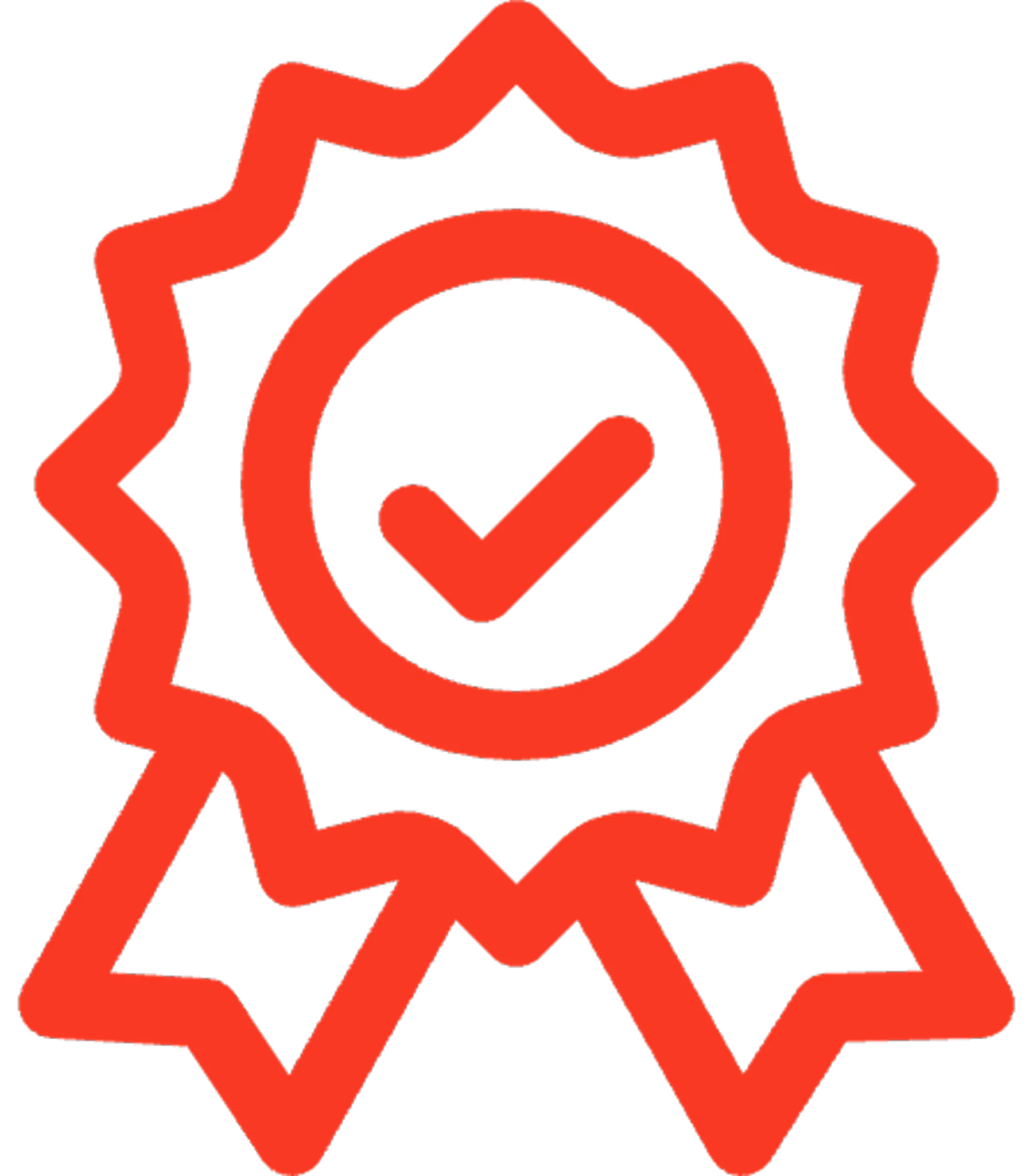 Red outline of a badge with a checkmark inside.