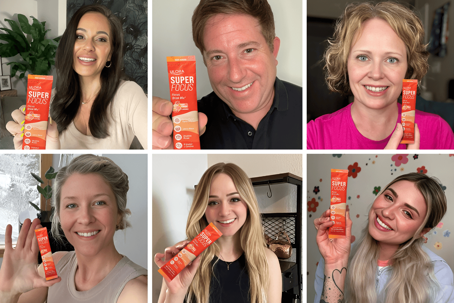 Six people holding 'Super Focus' product boxes, smiling at the camera.