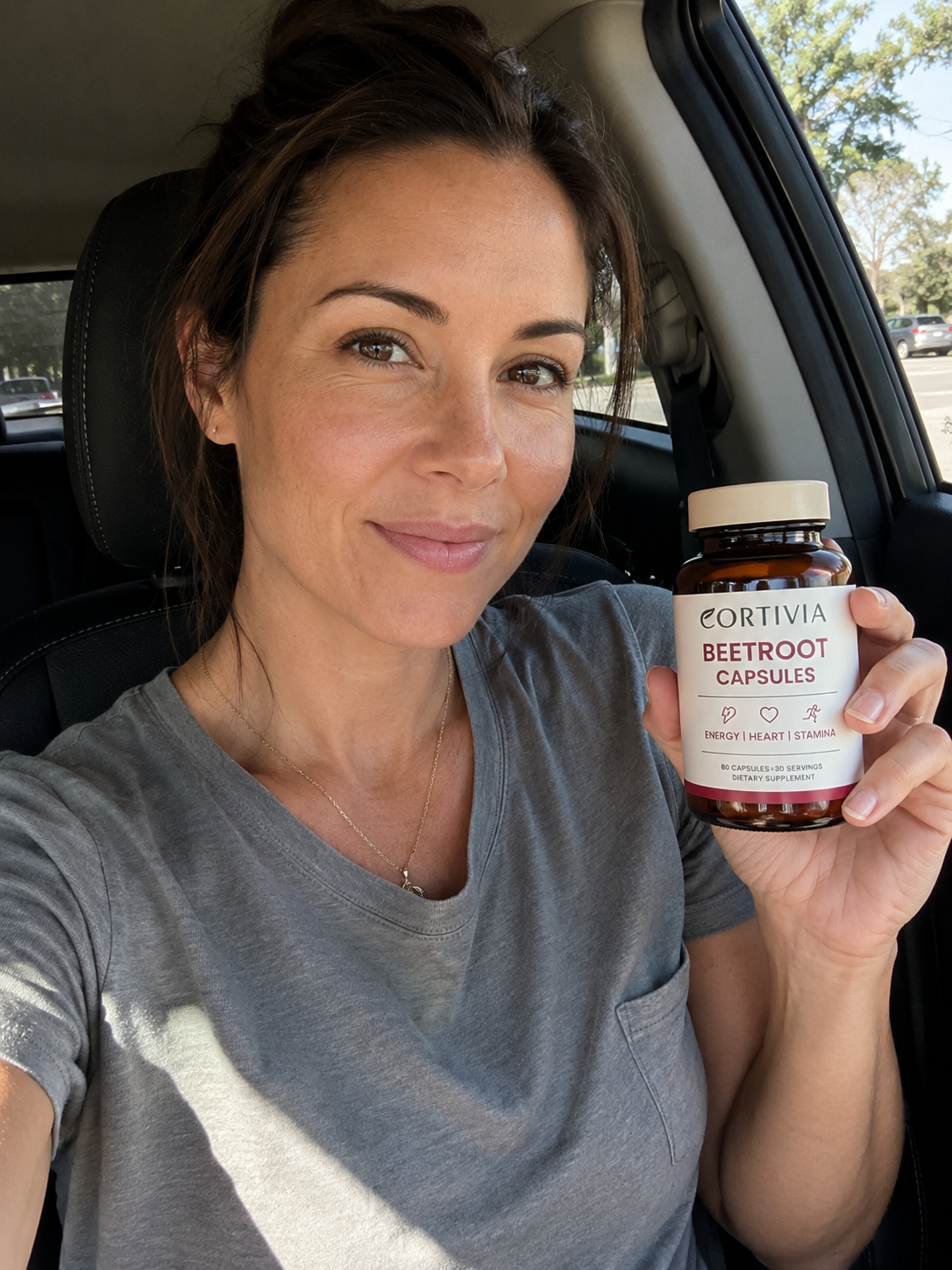 A woman in a car holds up a bottle of Cortivia Beetroot Capsules.
