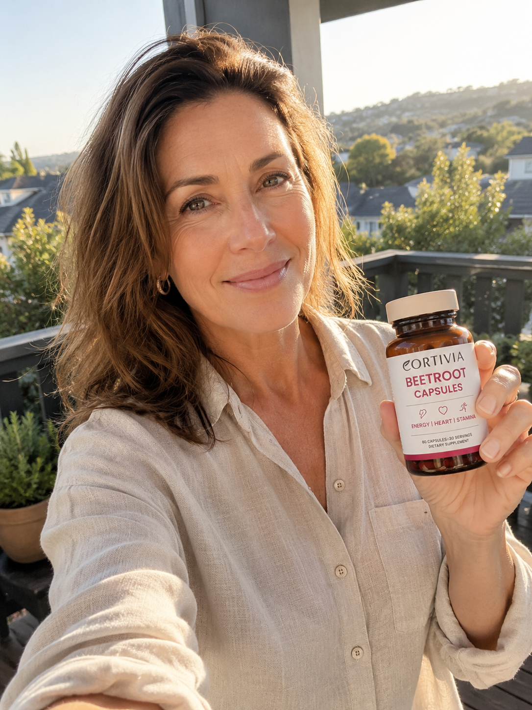 A woman smiles at the camera, holding up a bottle of Cortivia Beetroot Capsules on a balcony.