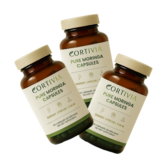 Three bottles of Pure Moringa capsules with labels featuring energy, focus, and calm benefits.