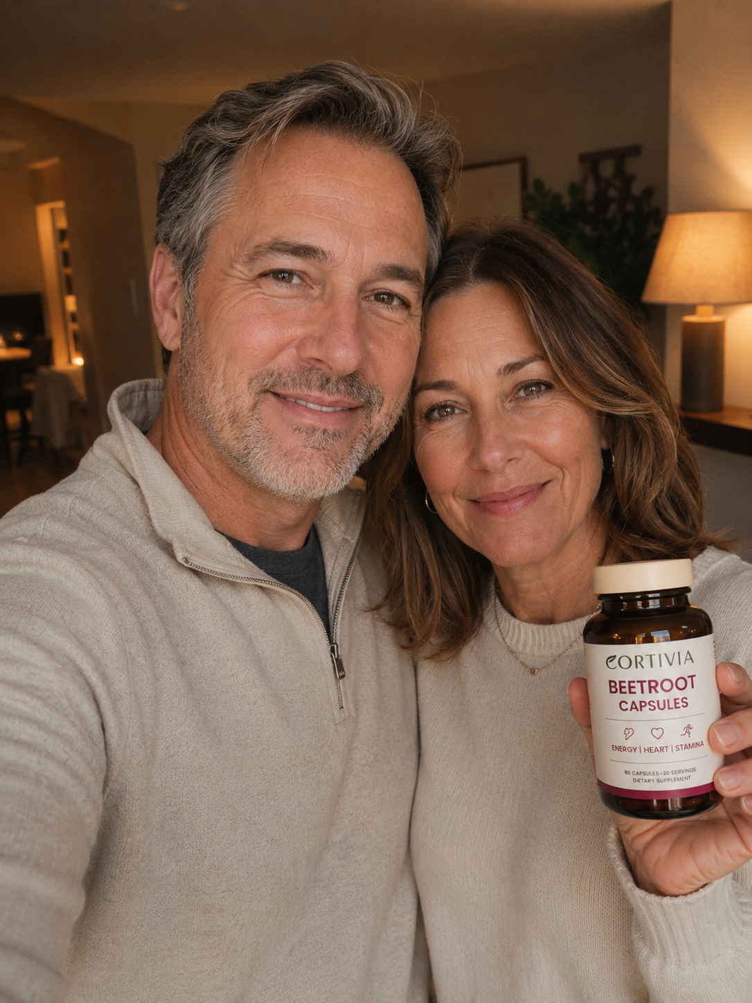 A smiling man and woman pose together, with the woman holding a bottle of Cortivia Beetroot Capsules.