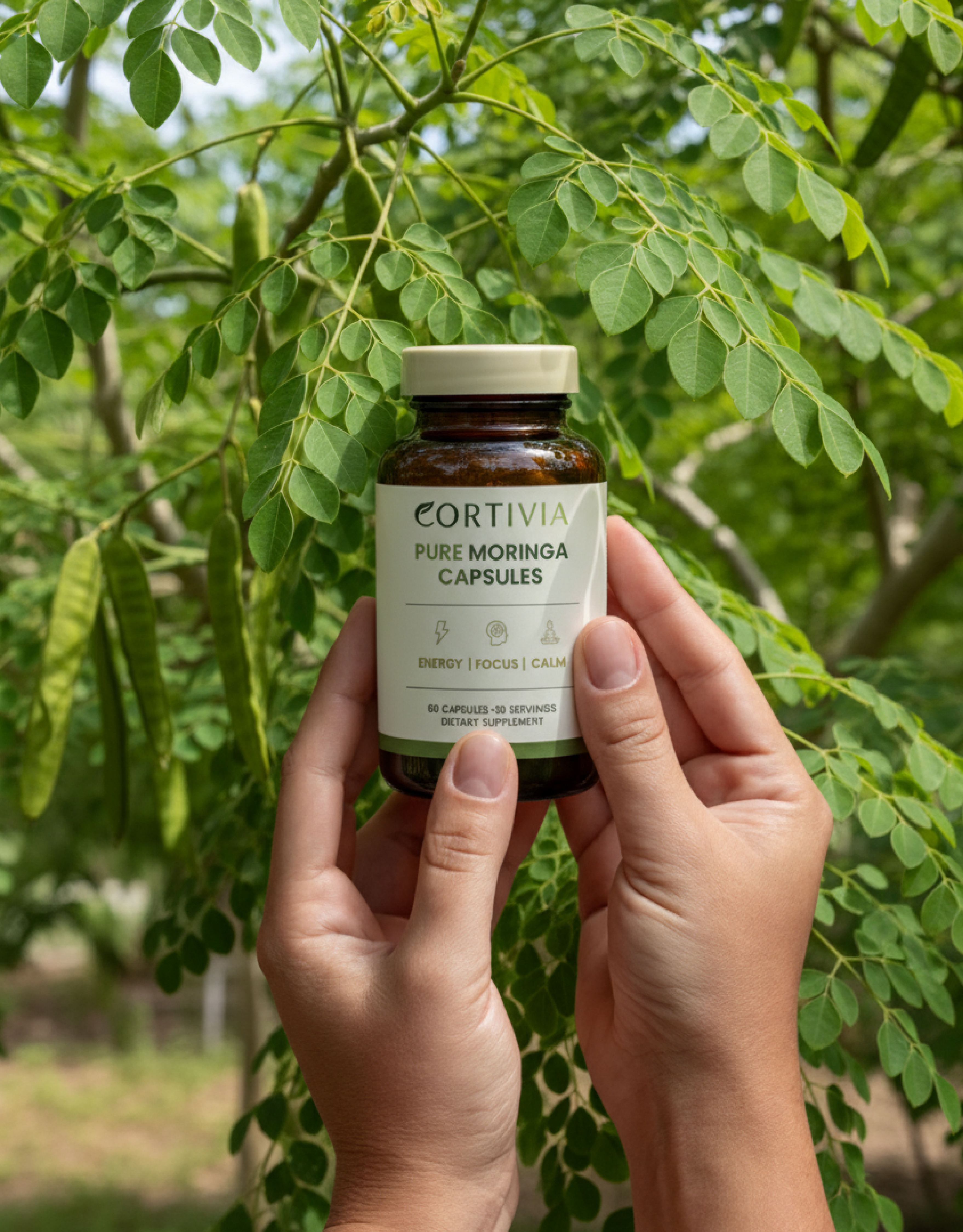 Hands holding a bottle of pure moringa capsules near a leafy tree.