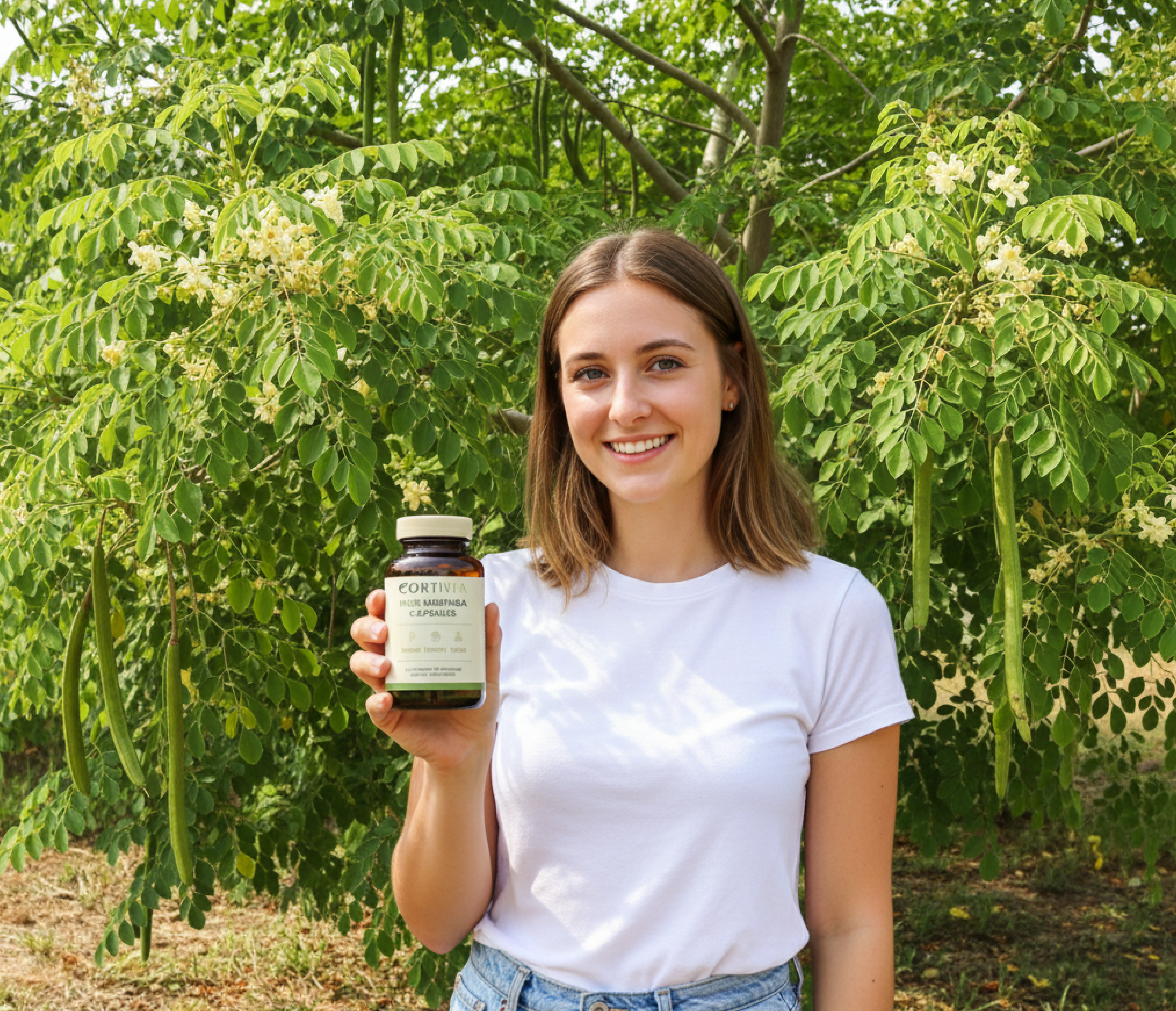 Person holding a bottle, standing in front of a plant with green leaves and white flowers.