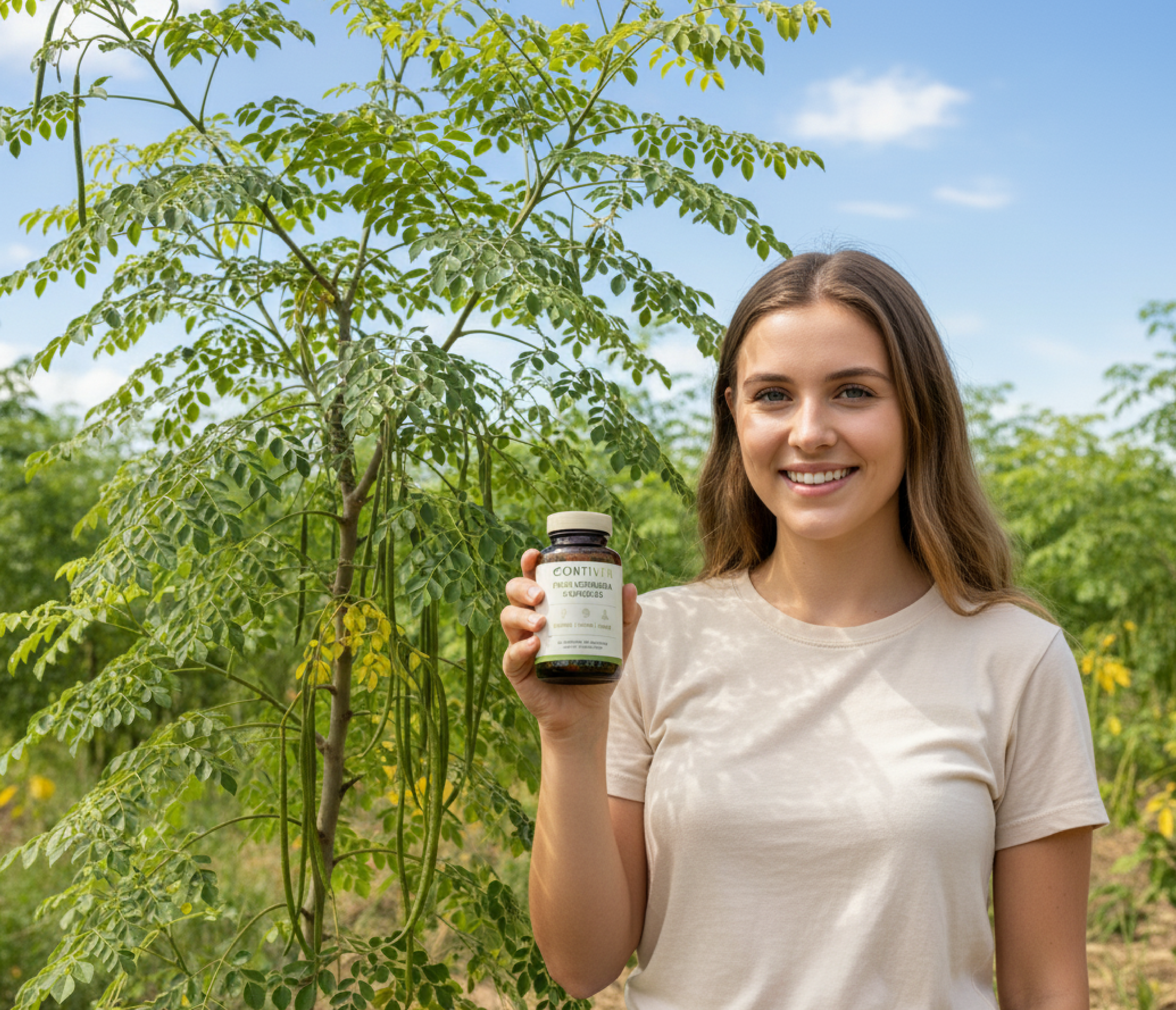 Person holding a bottle in a lush green field with trees.