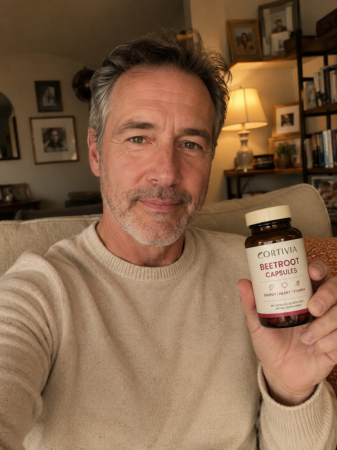 A man in a beige sweater sits on a couch holding a bottle of Cortivia Beetroot Capsules.