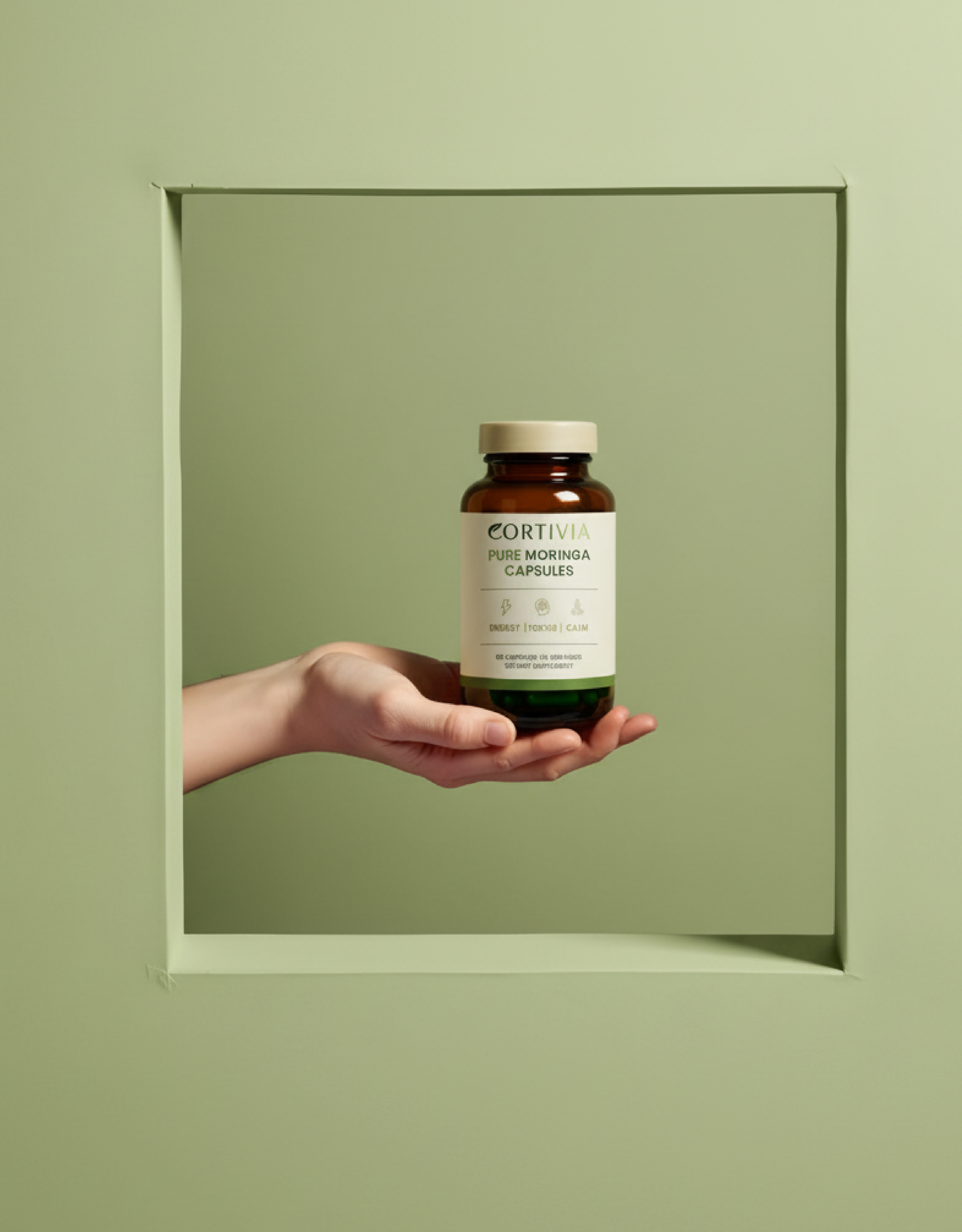 Hand holding bottle of pure moringa capsules against light green background.