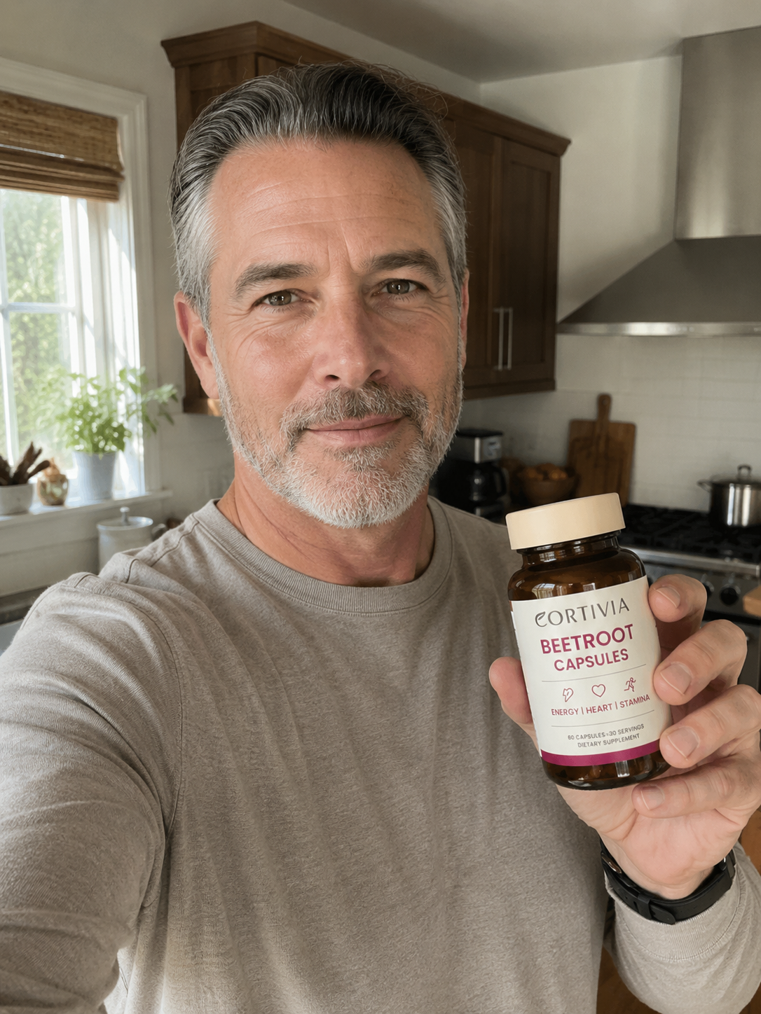 A man in a kitchen holds up a bottle of Cortivia Beetroot Capsules supplement.