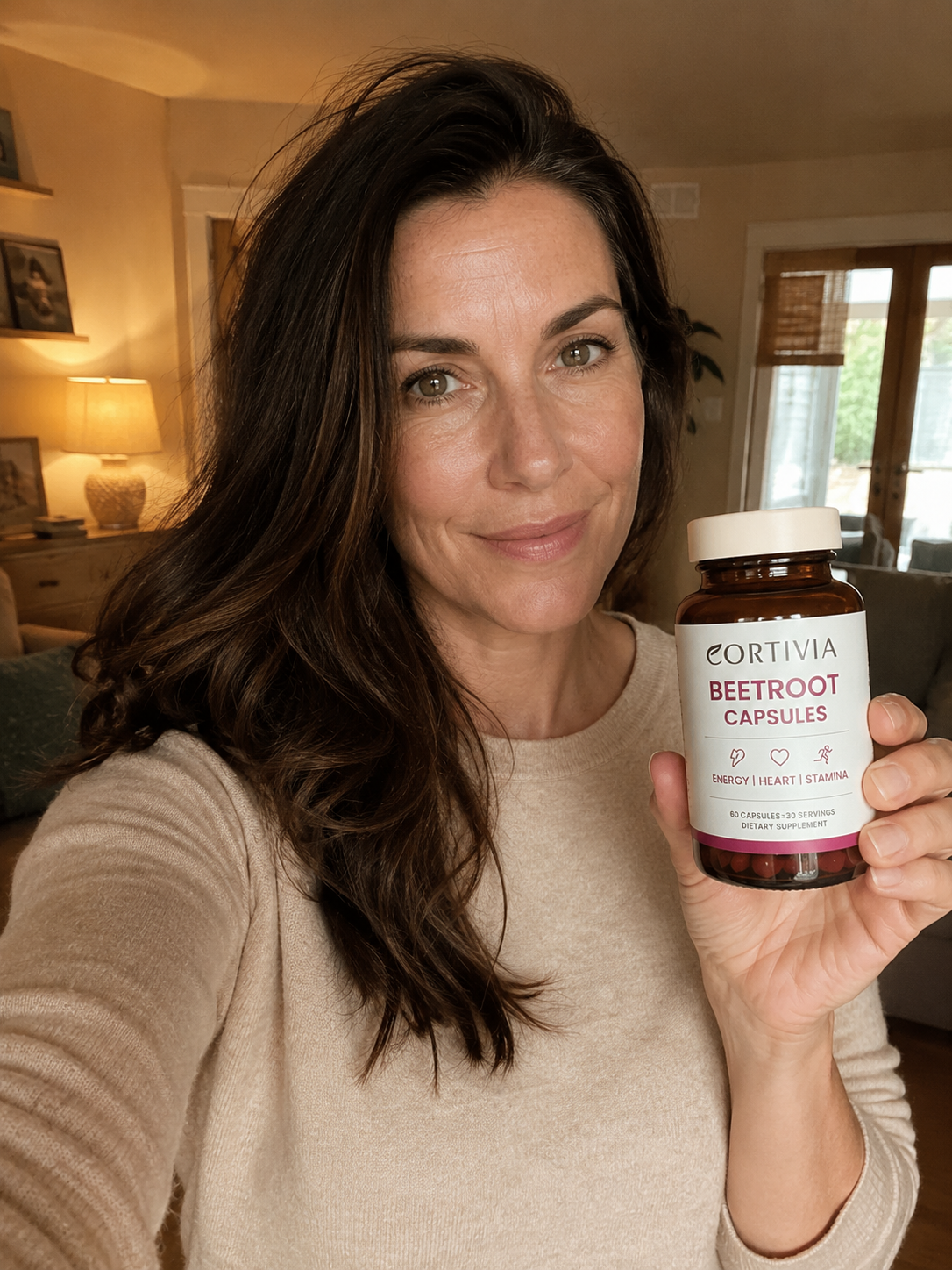 A woman with dark hair holds up a bottle of Cortivia Beetroot Capsules while smiling at the camera.