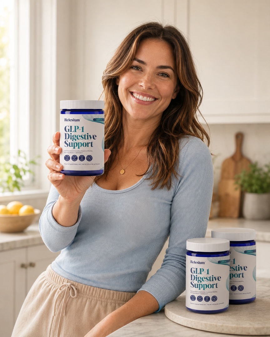 A smiling woman in a kitchen holds up a blue tub of Relesium GLP-1 Digestive Support.