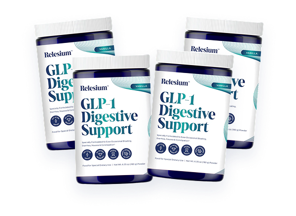 Four jars of GLP-1 Digestive Support by Relesium.