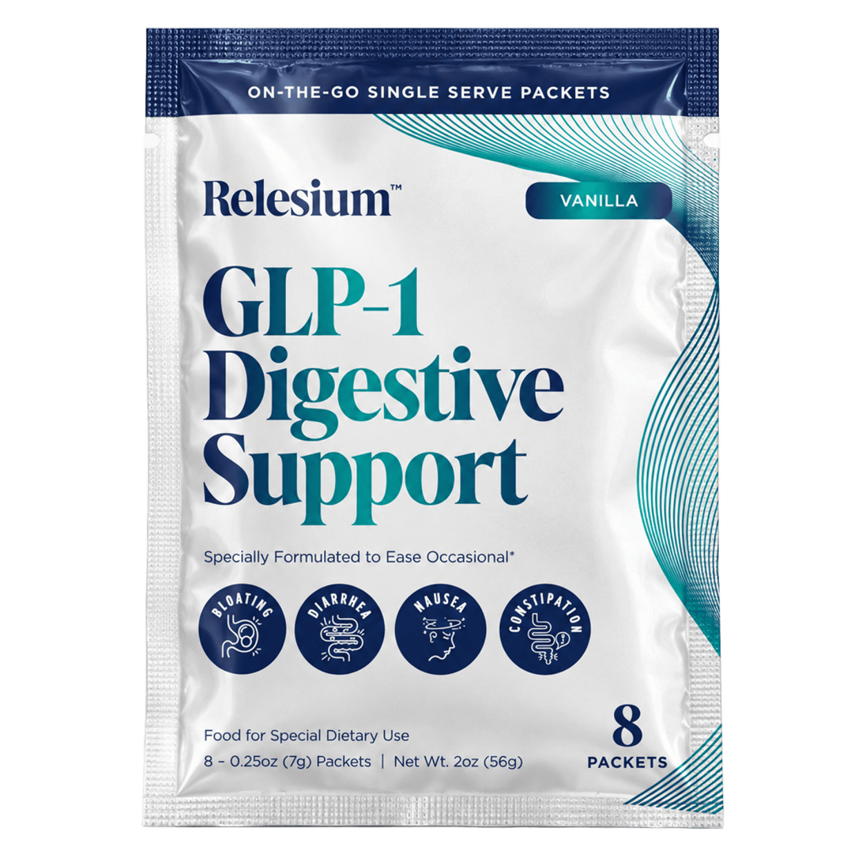 A white and teal packet of Relesium GLP-1 Digestive Support, a vanilla-flavored supplement.
