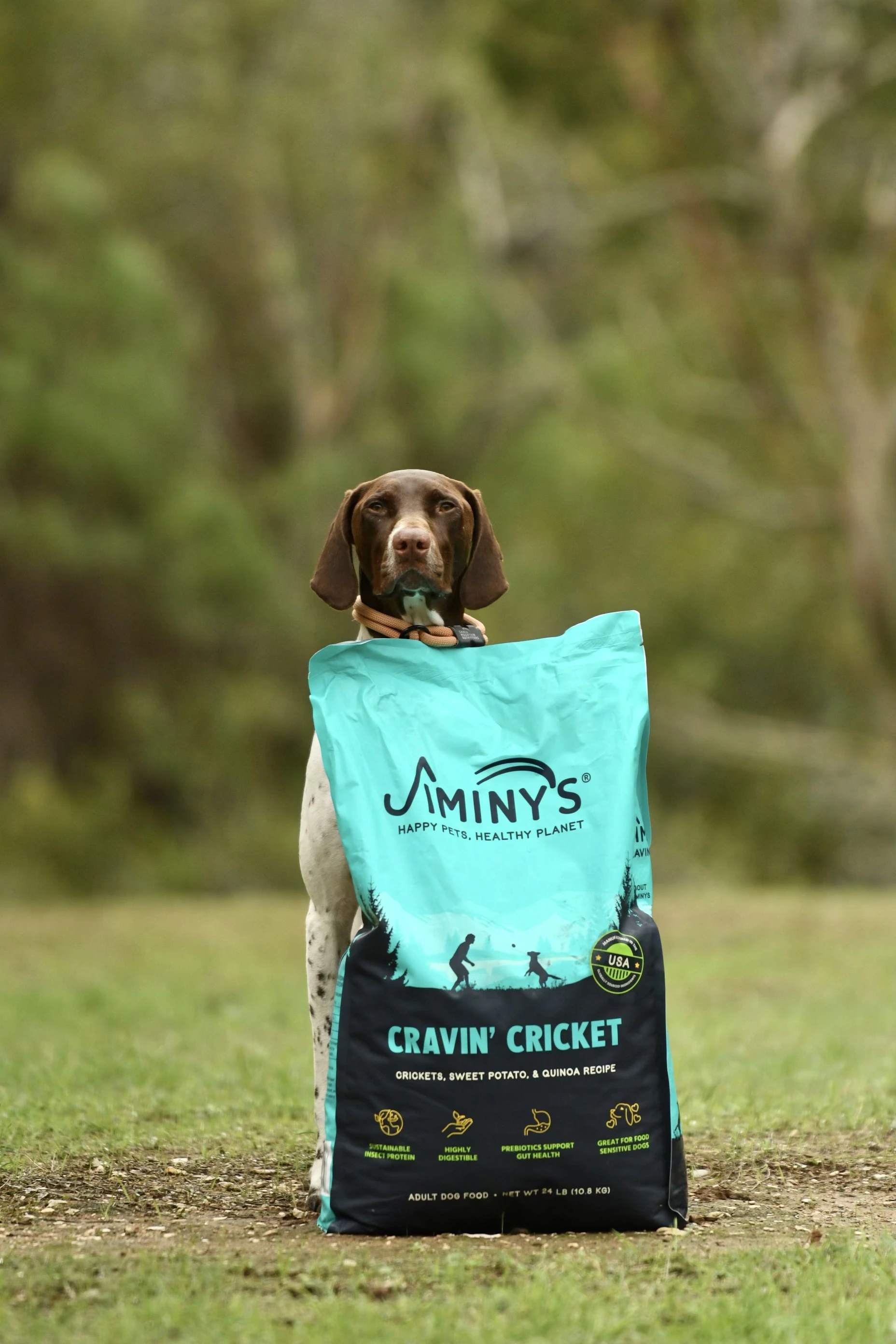 Dog standing behind a large bag of Jiminy's dog food outdoors.