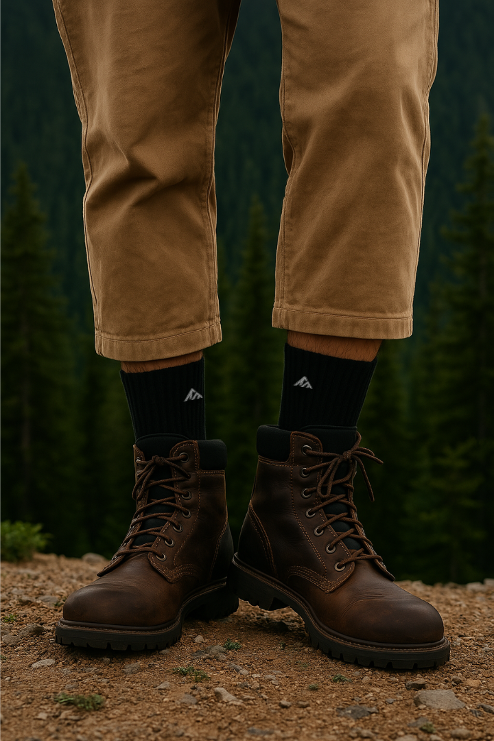 Close-up of muddy brown boots and pants on a dirt path.
