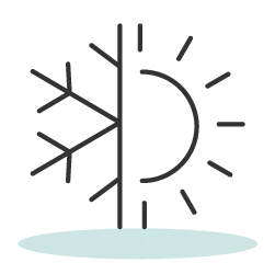 Illustration of a sun and snowflake divided by a vertical line.