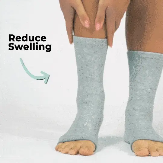 Person wearing gray compression socks with text 'Reduce Swelling' and an arrow pointing to the socks.