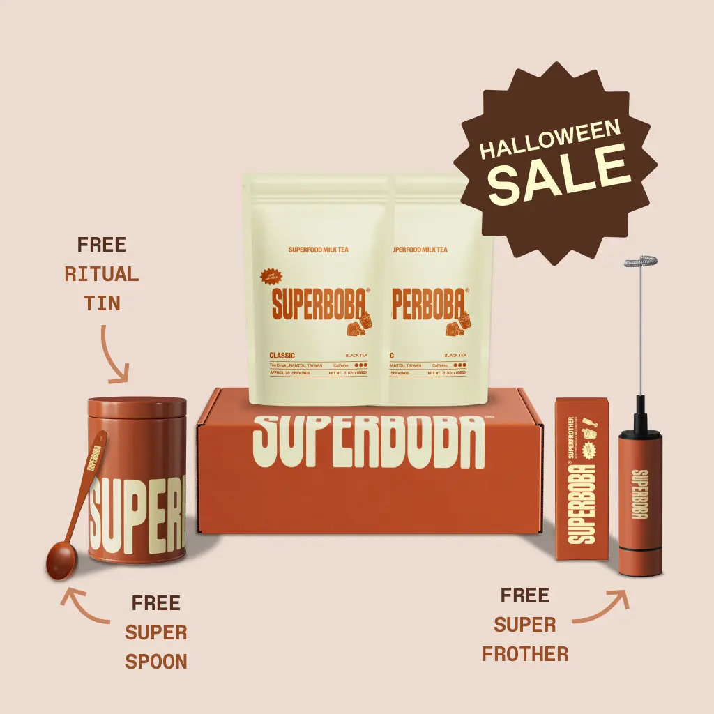 Image of SuperBoba products with Halloween sale text and promotional items.