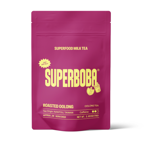 Pink package labeled 'SUPERBOBA' Roasted Oolong Superfood Milk Tea.