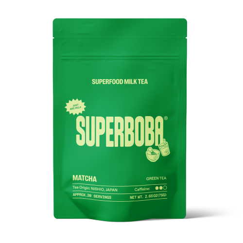 Green SuperBoba matcha tea package with text and illustrations.