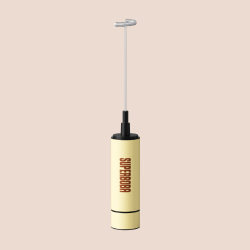 A handheld milk frother with a beige handle and black accents.