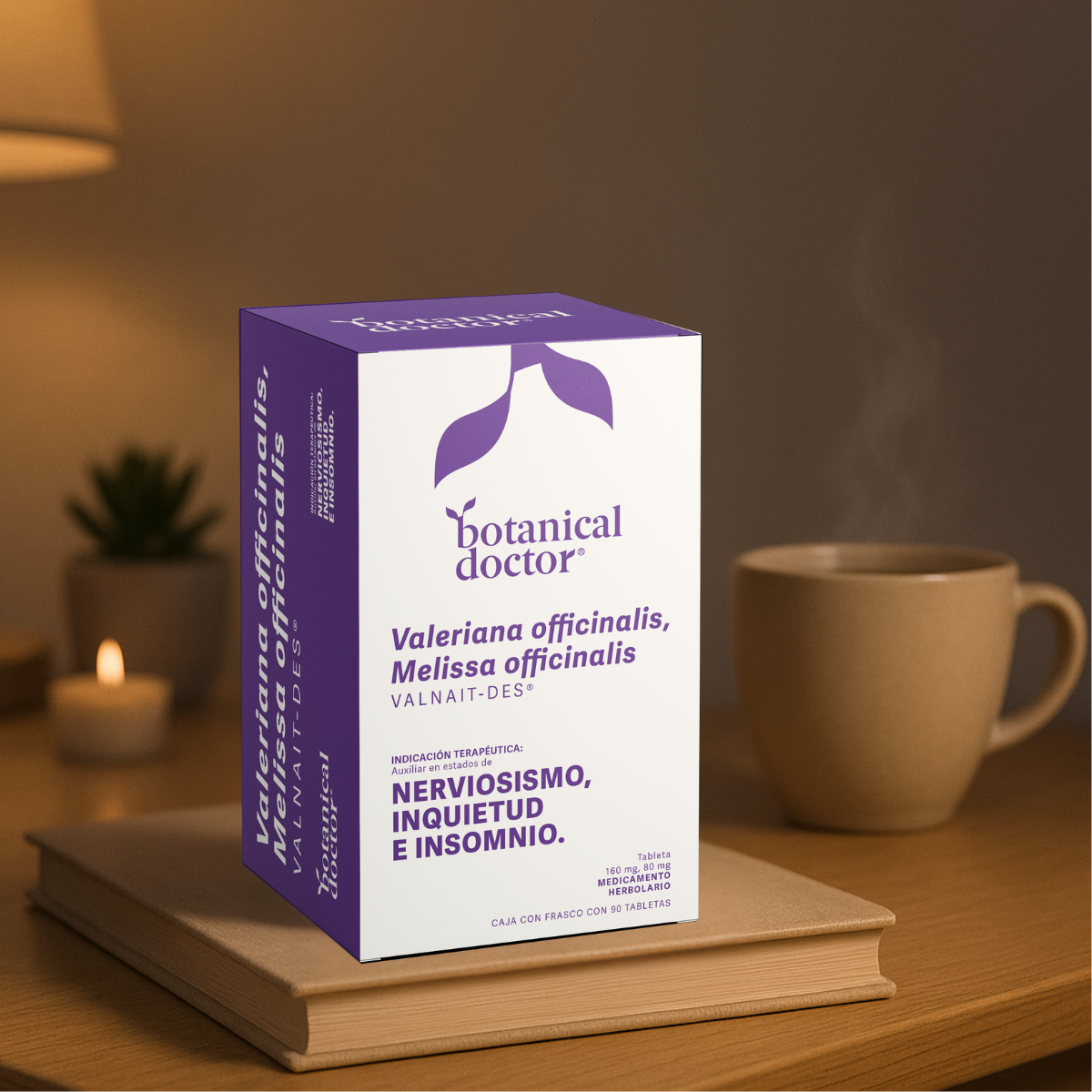 Box of herbal medicine with a steaming cup and candle in the background.