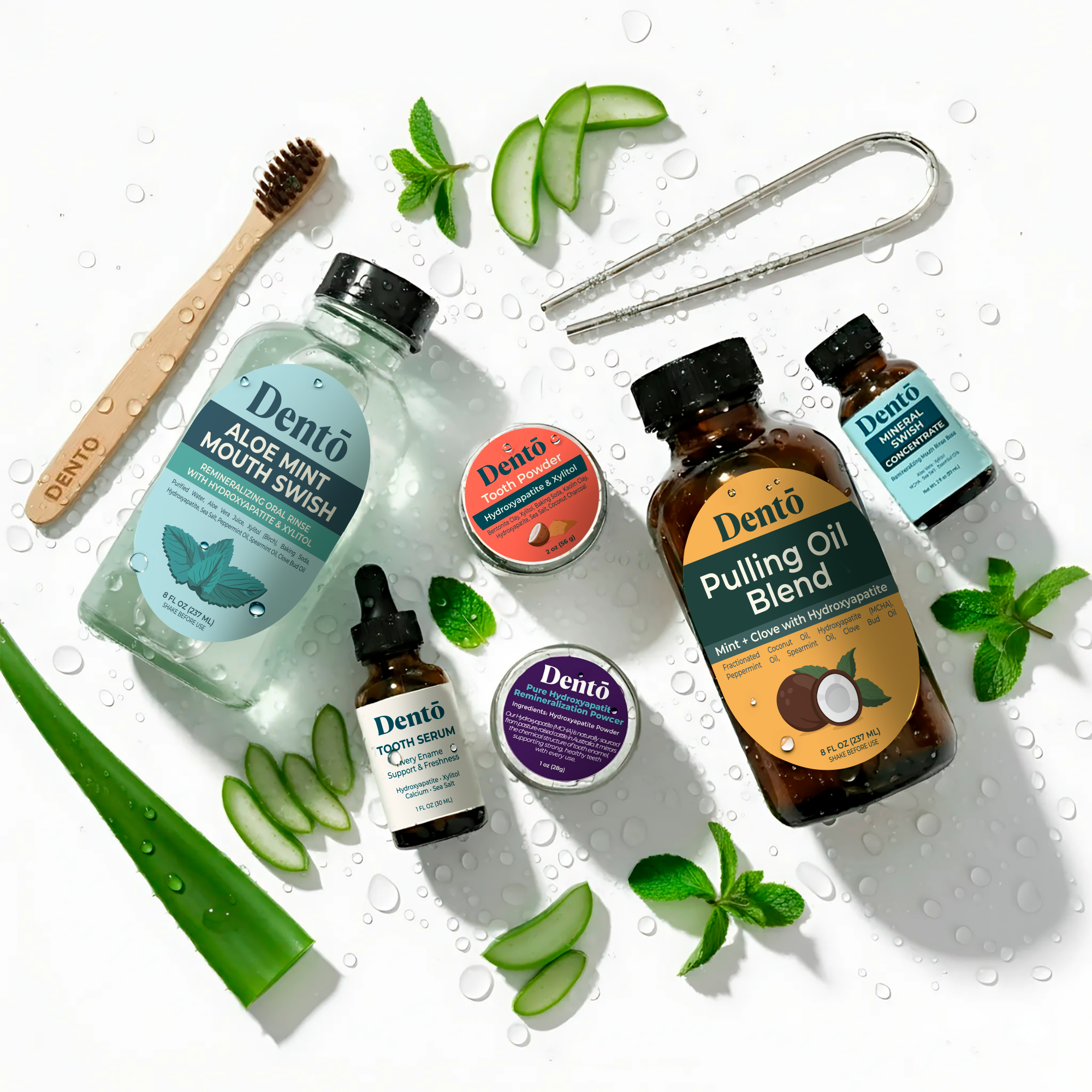 Various dental products and fresh herbs on a white background with water droplets.