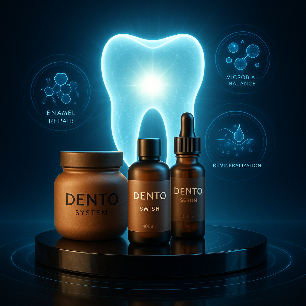 Toothcare products with glowing tooth graphic and features: enamel repair, microbial balance, remineralization.