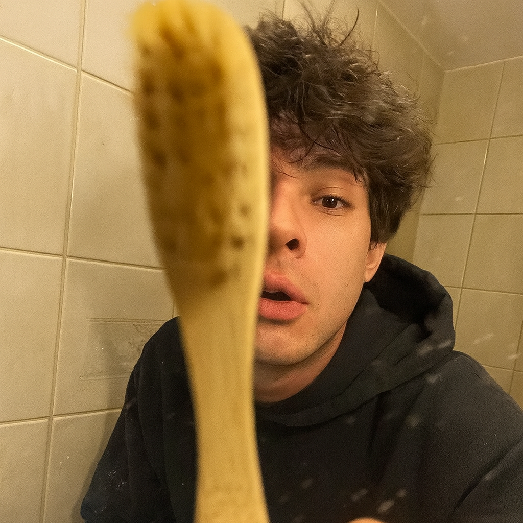 Person holding a wooden toothbrush close to the camera in a tiled room.