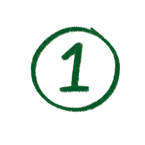 Green hand-drawn number one inside a circle on a transparent background.