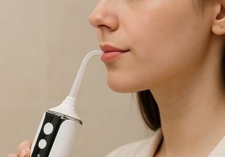 Person using a water flosser near their mouth.