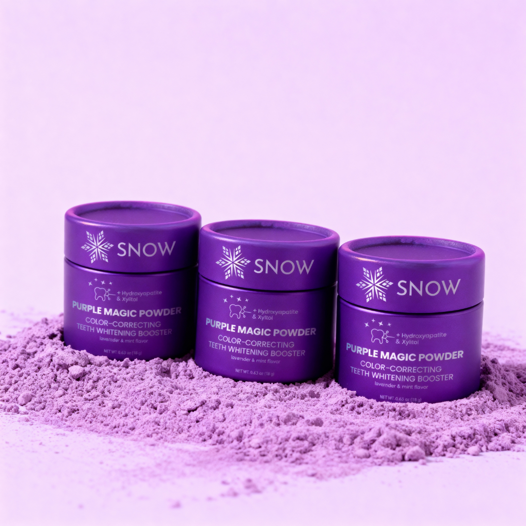 Three purple jars of teeth whitening powder on purple powder background.