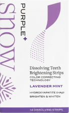 Box of dissolving teeth brightening strips labeled 'Purple Snow,' with lavender mint flavor.