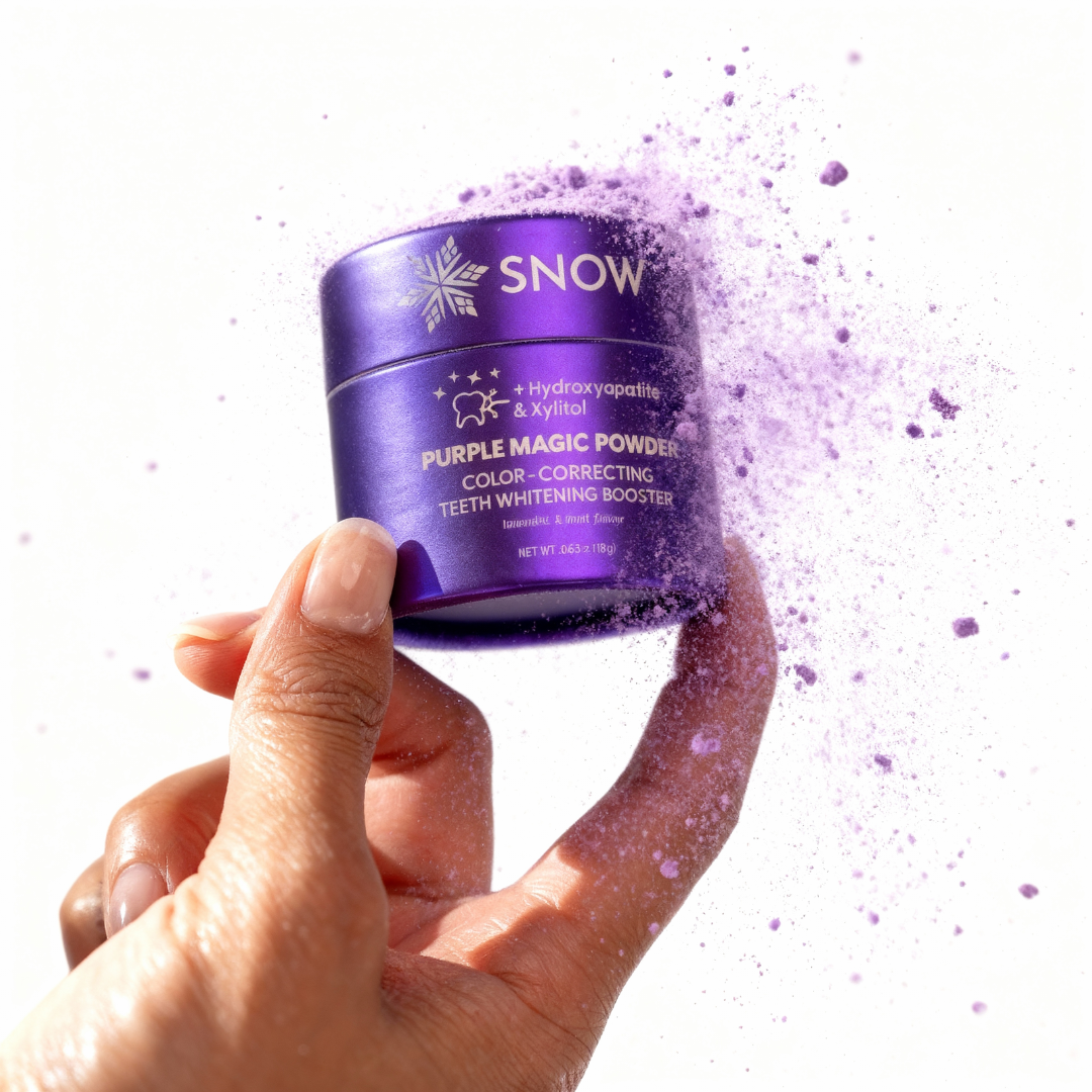 Hand holding a purple container labeled 'Purple Magic Powder' with powder dispersing.