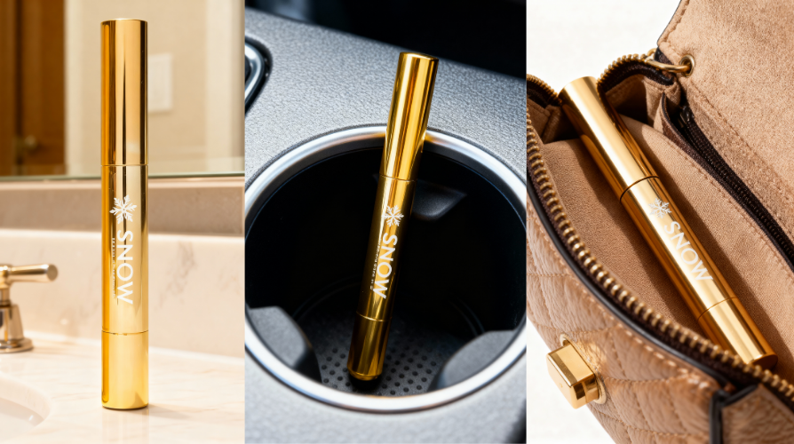 Gold tube labeled 'SNOW' shown on sink, car console, and in a purse.