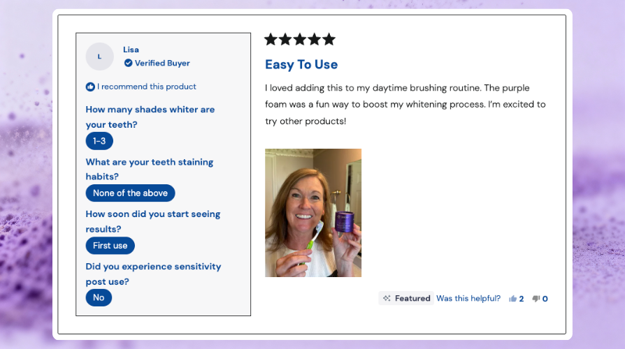 Customer review with five stars and a photo of a smiling person holding a product.