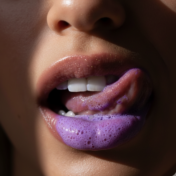 Close-up of lips with purple foam on them.