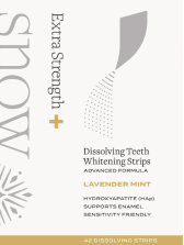 Packaging for dissolving teeth whitening strips with lavender mint flavor.