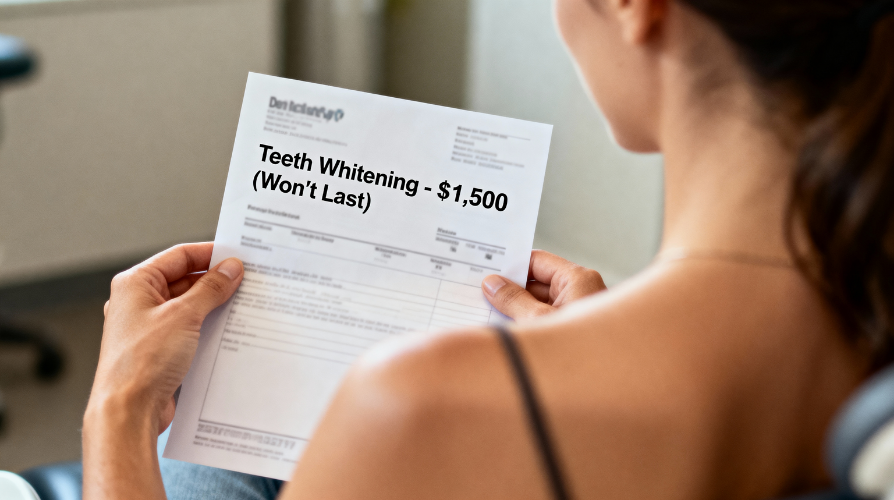 Person holding paper titled 'Teeth Whitening - $1,500 (Won't Last)' in a room.