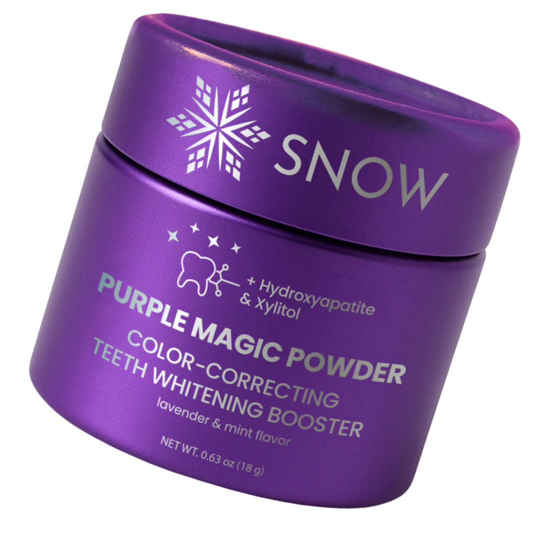 Purple jar labeled 'Snow Purple Magic Powder, Color-Correcting Teeth Whitening Booster'.