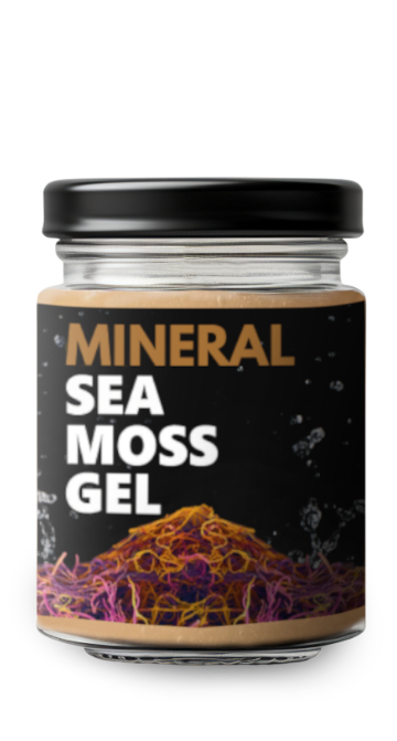 Jar labeled 'Mineral Sea Moss Gel' with colorful sea moss illustration.