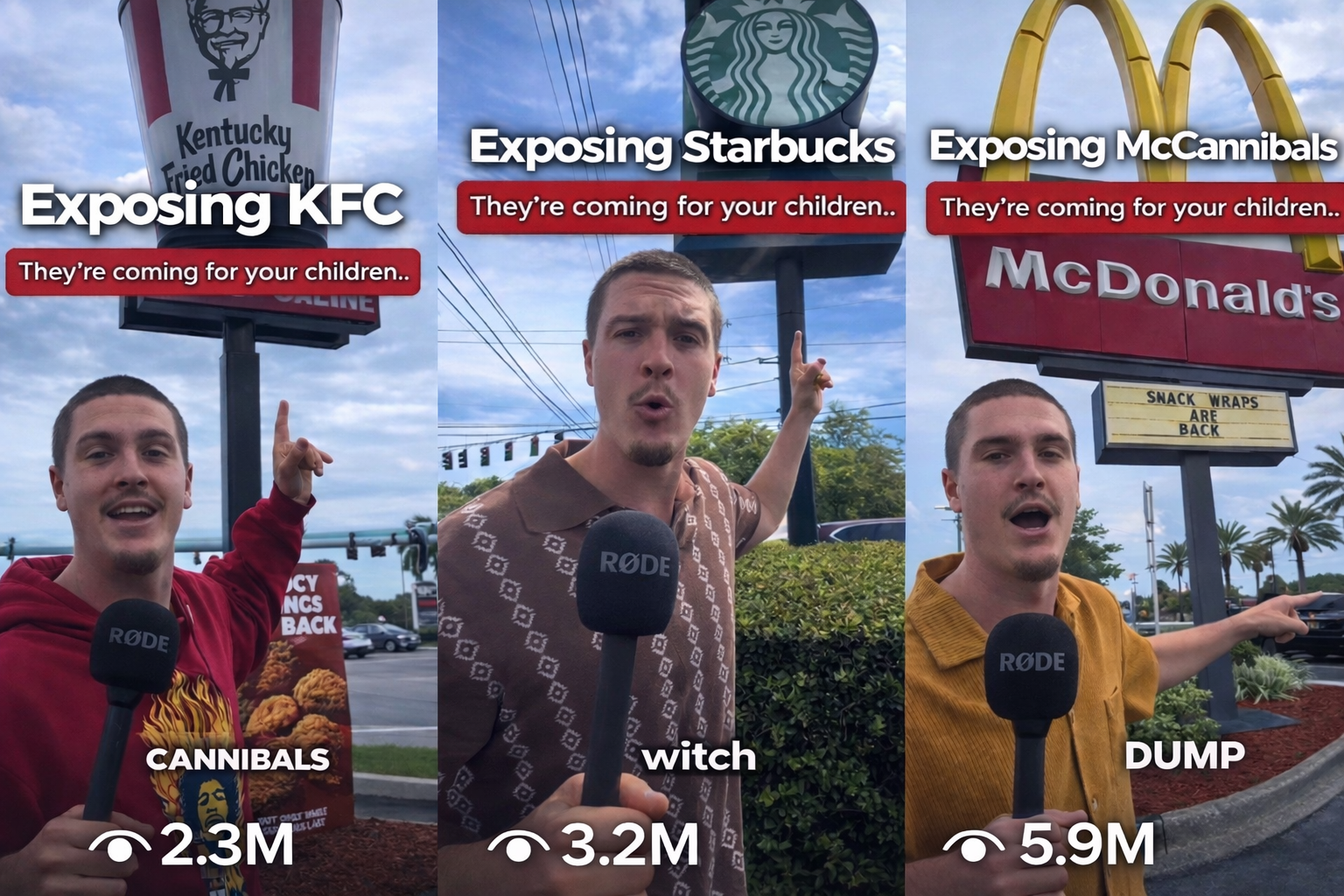 A three-panel image of a man holding a microphone and pointing at KFC, Starbucks, and McDonald's signs.