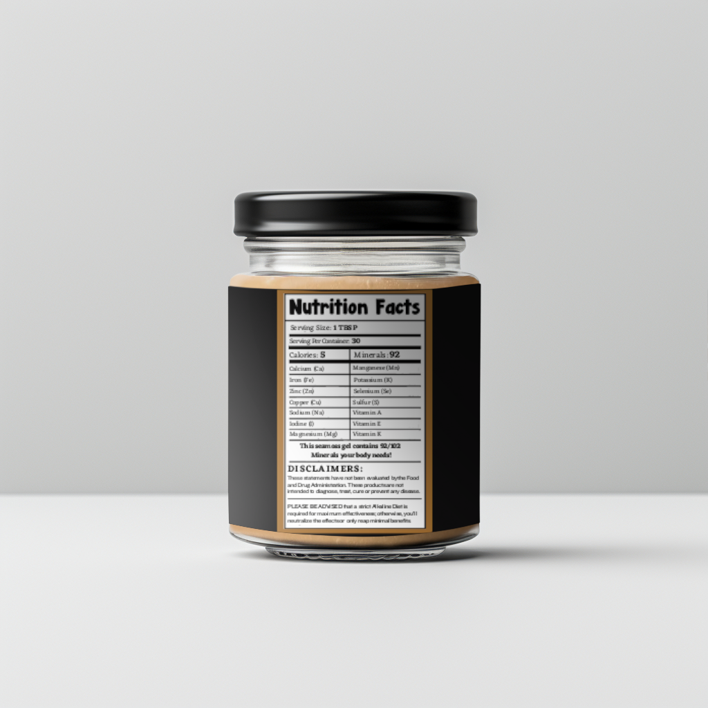 Glass jar with a black label displaying nutrition facts.