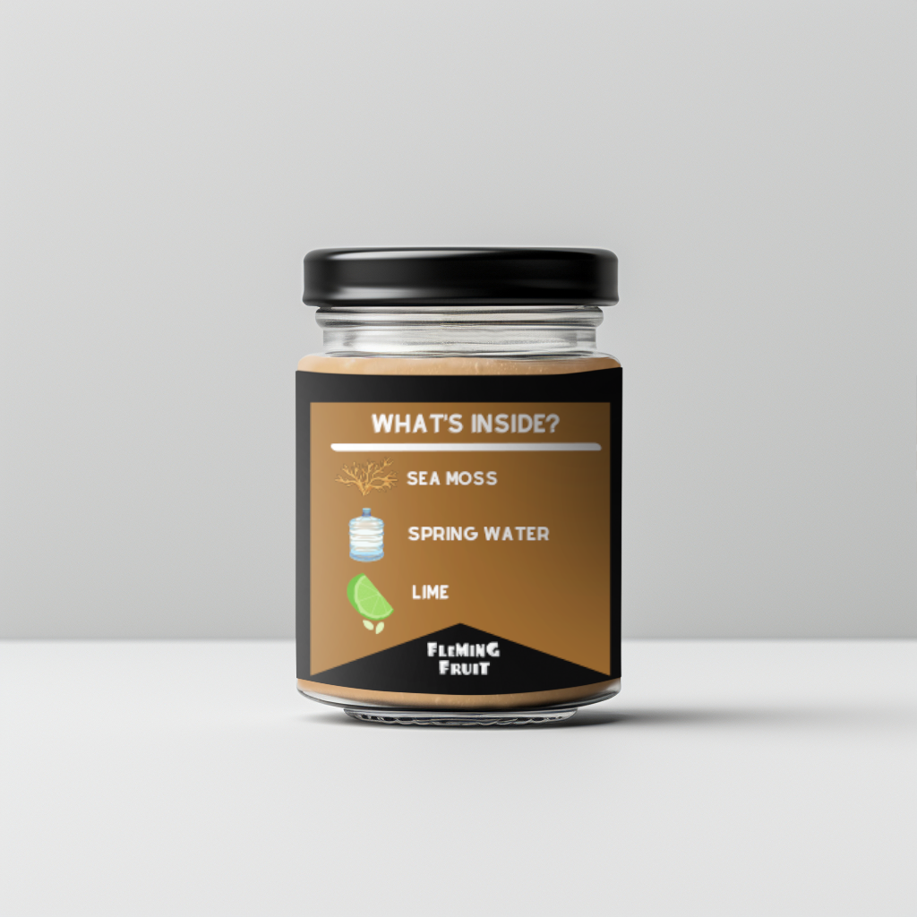 Jar with label showing sea moss, spring water, lime ingredients.