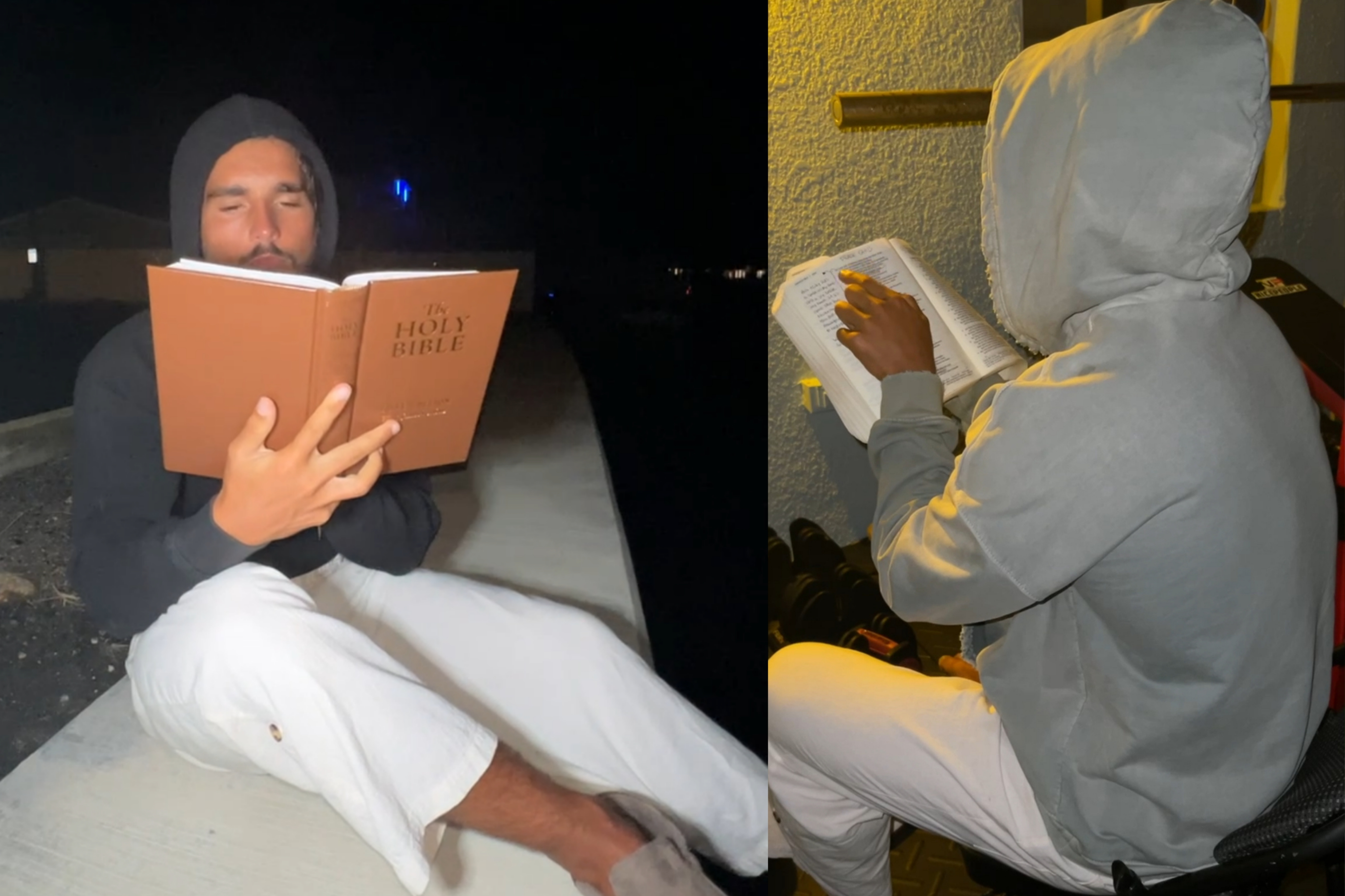 A split-panel image showing a man in a hoodie reading the Holy Bible in two different locations.