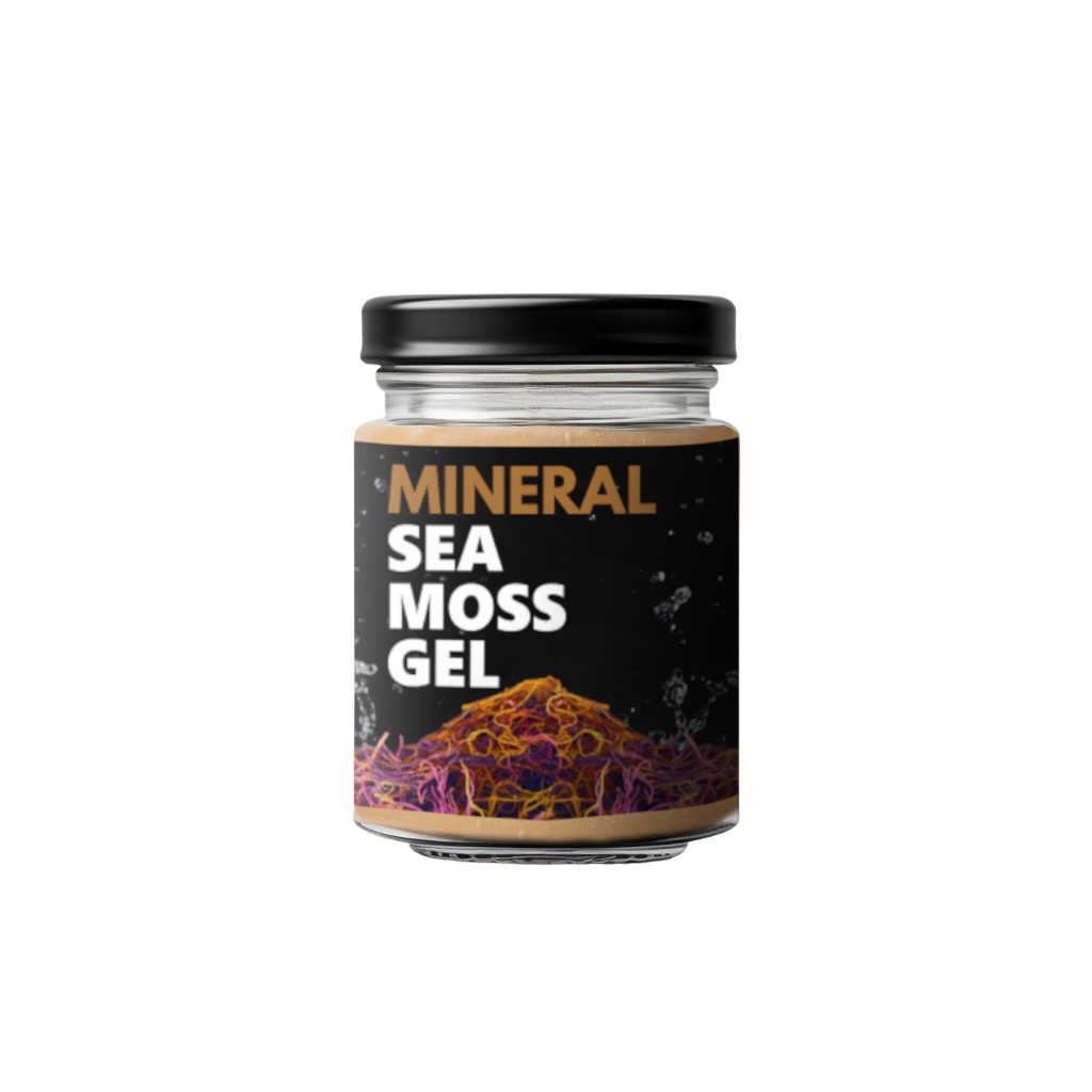 Jar labeled 'Mineral Sea Moss Gel' with colorful sea moss image.