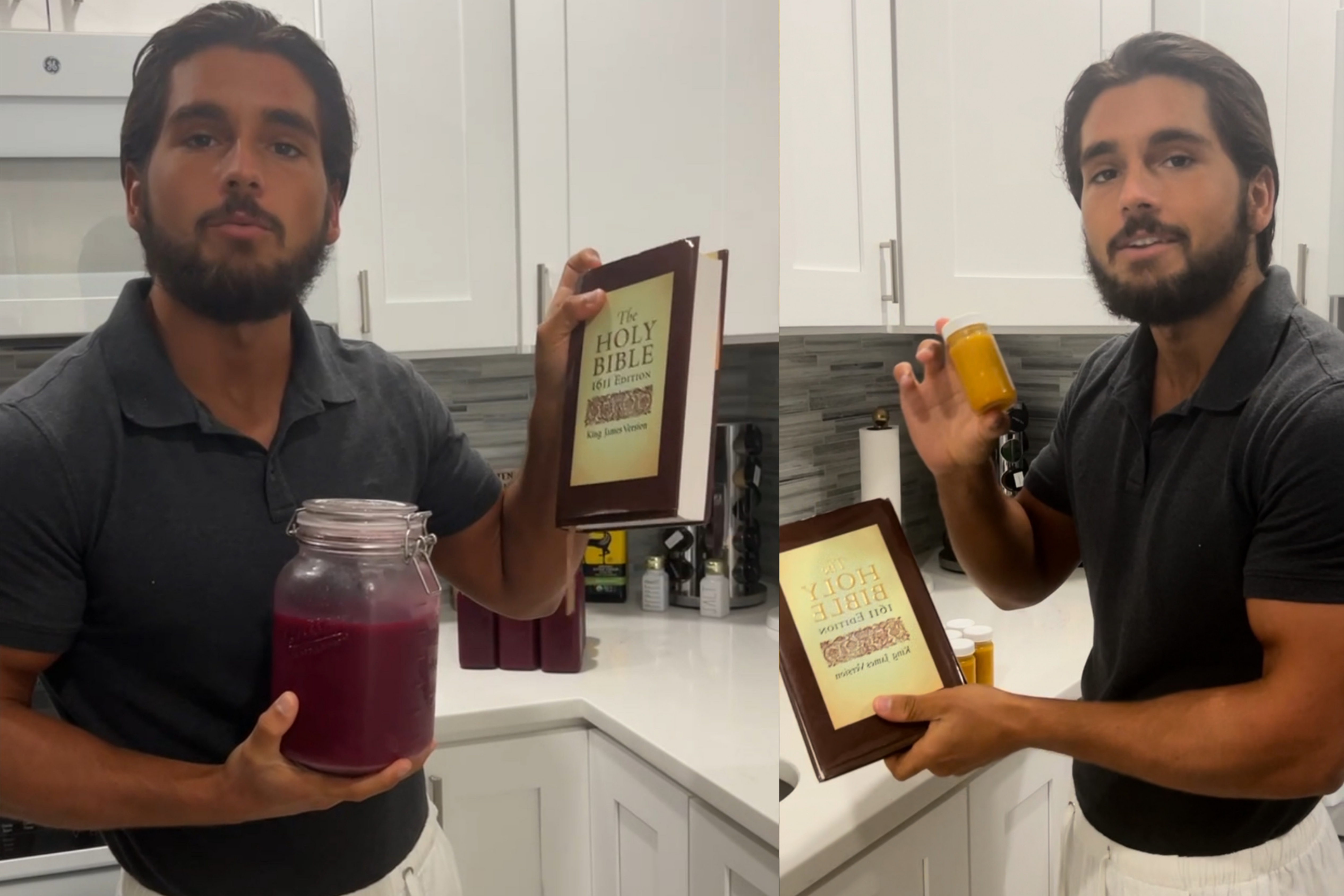 Two images of a man in a kitchen holding a Bible and different jars of juice.